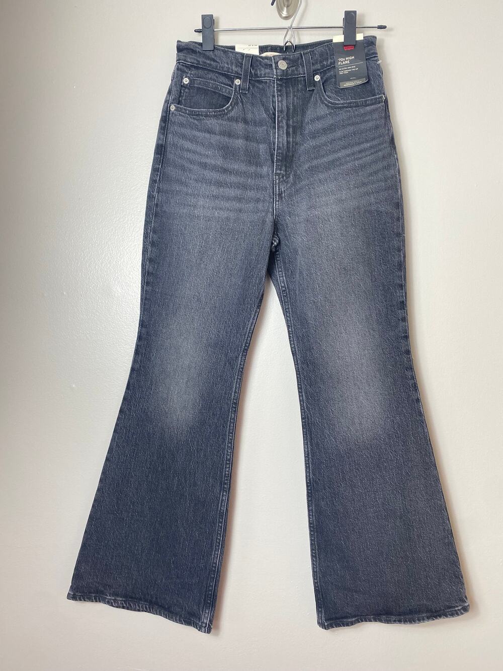 NWT LEVI'S JEANS 70'S HIGH FLARE PREMIUM BLACK FADED JUST A HINT HIGH RISE DENIM